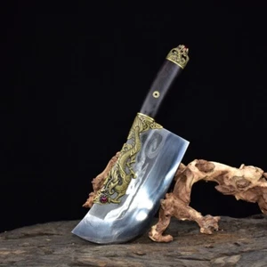 HANDMADE FORGED HQ CARBON STEEL BONE CHOPPING CLEAVER KNIFE DRAGON PHOENIX ART - Picture 1 of 12