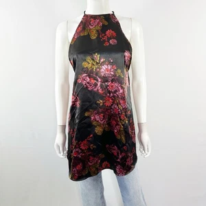 Free People Black Floral Satin Top Size S Cocktail Party Back Tie Sleeveless - Picture 1 of 9