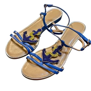 Talbots Beaded Anchor Nautical Coastal Open Toe Wedge Sandals Size 7.5 Vacation - Picture 1 of 8