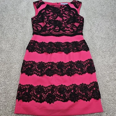 Vestido justo Antonio Melani feminino tamanho 6 rosa quente aplique de renda preto slvls - Imagem 1 de 4