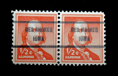 US Stamp Sc 1030 Franklin 1958 Pair Used Precancel Des Moines Iowa NG - Image 1 of 2