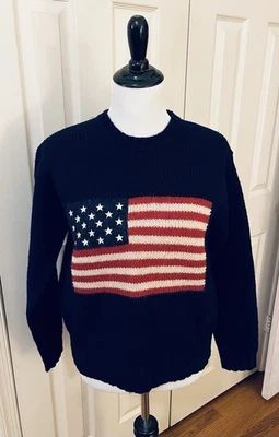 Винтажный женский свитер размер S ограниченный выпуск 100% шерсть темно-синий с американским флагом США - Изображение 1 из 4