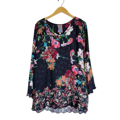 Johnny Was Oasis Tandis Blouse Black Floral Animal Print Tunic L Viscose Rayon - Image 1 of 4