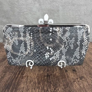 HOBO Lauren Cartera Bolso sin asas Gris Blanco Estampado Serpiente Cuero Doble Beso Bloqueo Plateado - Imagen 1 de 12