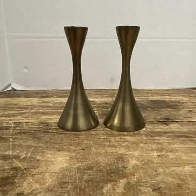 Set of Brass Pillar Mid Century Modern Tapered Candle Holders 5 1-2” Tall - Image 1 of 4
