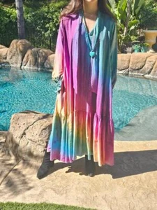 Maya Antonia Hand Painted Rainbow Long/Maxi Dress/Long Sleeves/Pockets/Cotton - Picture 1 of 13