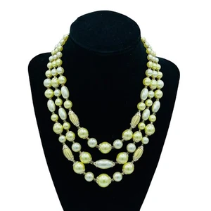 Vintage Triple Strand Yellow Faux Pearl Beaded Choker Necklace Gold Tone Japan - Picture 1 of 4