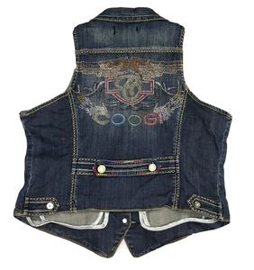 Coogi Denim Vest Size Large Blue Collar Embroidery Angel Wings Bedazzle Bling - Picture 1 of 9