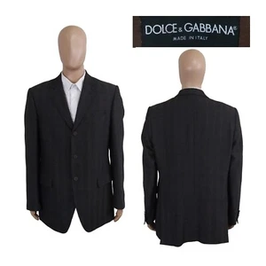 Dolce Gabbana Italy Metal Logo Buttons Gray Wool Herringbone Blazer 44L - Picture 1 of 11