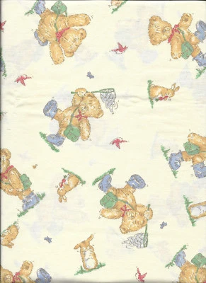 New Teddy Bear Catching Butterflies 100% Cotton Fabric 1 yard 35" x 43" piece - Image 1 of 3