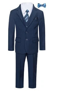 Magen Kid Boys SLIM FIT Formal Bridal 7 Pcs Set Suit S1-18 Navy Blue 2 Button 13 - Picture 1 of 9