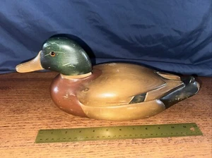 Vintage Mallard Duck Decoy Ron Fisher Glass Eyes Solid Body 1987 15” - Picture 1 of 9