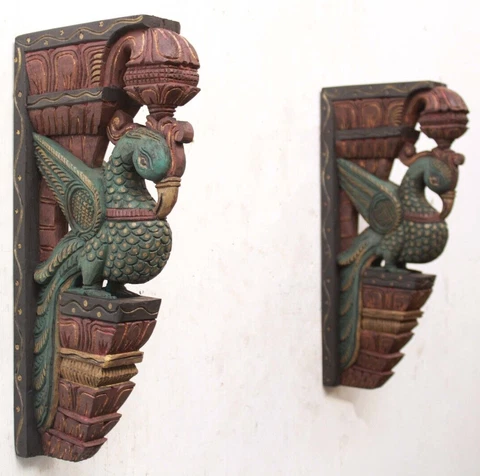 Vintage Wooden Wall Bracket Corbel Peacock Bird Statue Home Garden Decor Shelf Cover