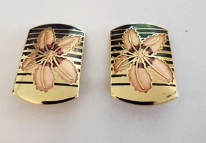1-Pair Enamel Gold Tone Clip On Earrings Rectangle Multicolor Floral Vintage - Imagen 1 de 3
