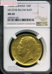 Albania 100 Franga Ari Gold Coin 1926 R NGC MS60 - Picture 1 of 2