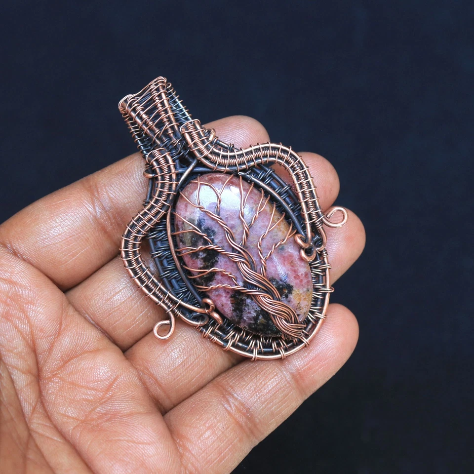 Único Colgante de Alambre de Cobre Árbol de la Vida Piedras Preciosas de Rodonita Rosa Joyería NK602 Foto 1 de 4