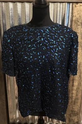 Impresionante Blusa De Colección SCALA XL Lentejuelas Seda Manga Corta Azul Negra Fiesta Vacaciones Foto 1 de 4