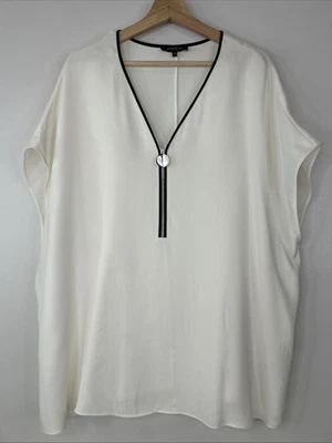 Lafayette 148 New York Women’s 3X Ivory Black Cap Sleeve 1/2 Zip Silk Blouse - Image 1 of 4