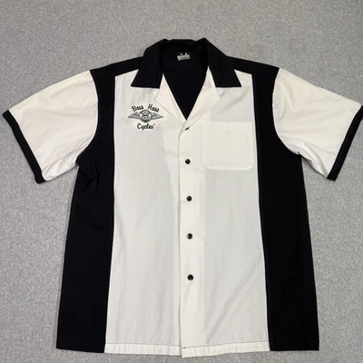 Camisa masculina Boss Hoss Cycles Hilton média preta branca botão frontal boliche retrô - Imagem 1 de 4
