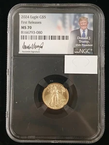 2024 $5 Gold Eagle MS70 Donald J Trump 45th President NGC Signed Facsimile - Picture 1 of 6