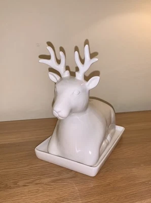 Large White Ceramic Lidded  Butter Dish,  Reindeer Stag/Deer, Habitat VGC - Image 1 of 4