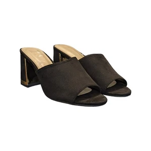 H Halston Vegan Suede Sandals Spain Block Heel Gold Trim Womens 8 Heels Pumps - Picture 1 of 7