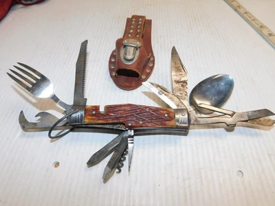 Cuchillo Hobo Vintage HI-TEST en Estuche de Cuero Multi Herramienta de Supervivencia-Japón - 11 HERRAMIENTAS Foto 1 de 4