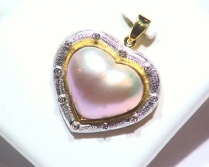 NEW 14 KT YELLOW GOLD/WHITE GOLD DIAMOND PEARL HEART PENDANT - Picture 1 of 4