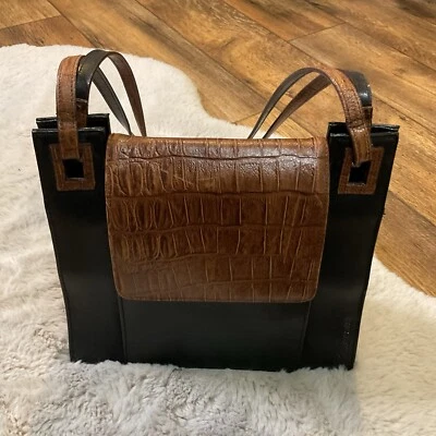 Bolso de Hombro Cartera Cartera Cuero Adjunto Vintage Bellerose Marrón Cocodrilo Negro Foto 1 de 4