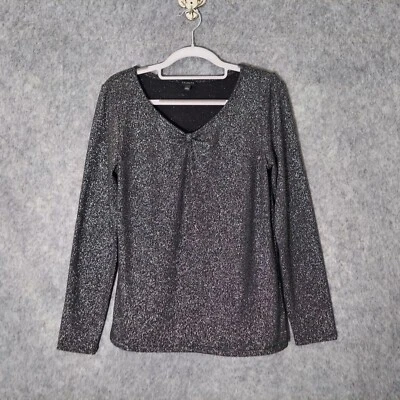 Blusa Talbots S Negra Plateada Metálica Brillante Manga Larga Elastizada Disco Noche Foto 1 de 4