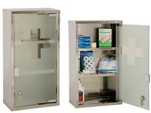 Large Wall Mounted Medicine Cabinet 2 Keys First Aid Box Lockable Glass Door - Picture 1 of 5
