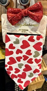 Tommy Bahama Valentine’s Day Dog Pet Hearts Bandana & Red Sequin Bow Set NWT - Picture 1 of 11