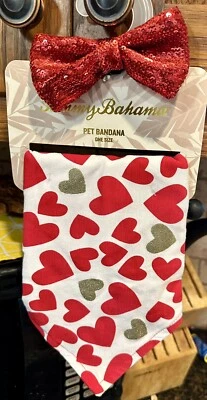 Tommy Bahama Día de San Valentín Perro Mascota Corazones Bandana y Lentejuelas Rojo Conjunto de Lazo Nuevo con Etiquetas Foto 1 de 4