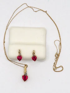10k YELLOW GOLD 3pc EARRINGS/PENDANT SET w LAB CREATED HEART RUBIES & 3 DIAMOND* - Picture 1 of 19