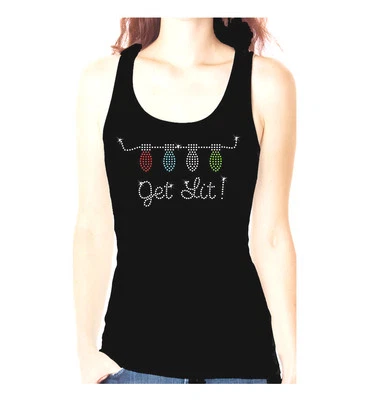 ALL RHINESTONE GET LIT BLING CHRISTMAS HOLIDAY TANK TEE SHIRT - Image 1 of 2