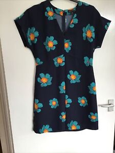Size 10 BANANA REPUBLIC Cap Sleeve V Neck Mini Blue Flower Print Zip Up Dress