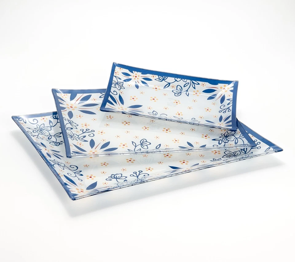 Platos de vidrio Temp-tations, AZUL clásico, juego de 3 rectángulos de anidación H223666 Foto 1 de 1