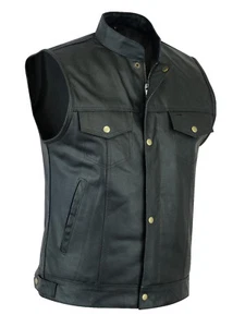 Men's Sons of Anarchy SOA Leather Vest Cut off Style Bikers Waistcoat UK Stock - Picture 1 of 5