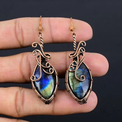 Increíbles pendientes de labradorita piedras preciosas envoltura de alambre de cobre hecho a mano regalo para mujer Foto 1 de 4