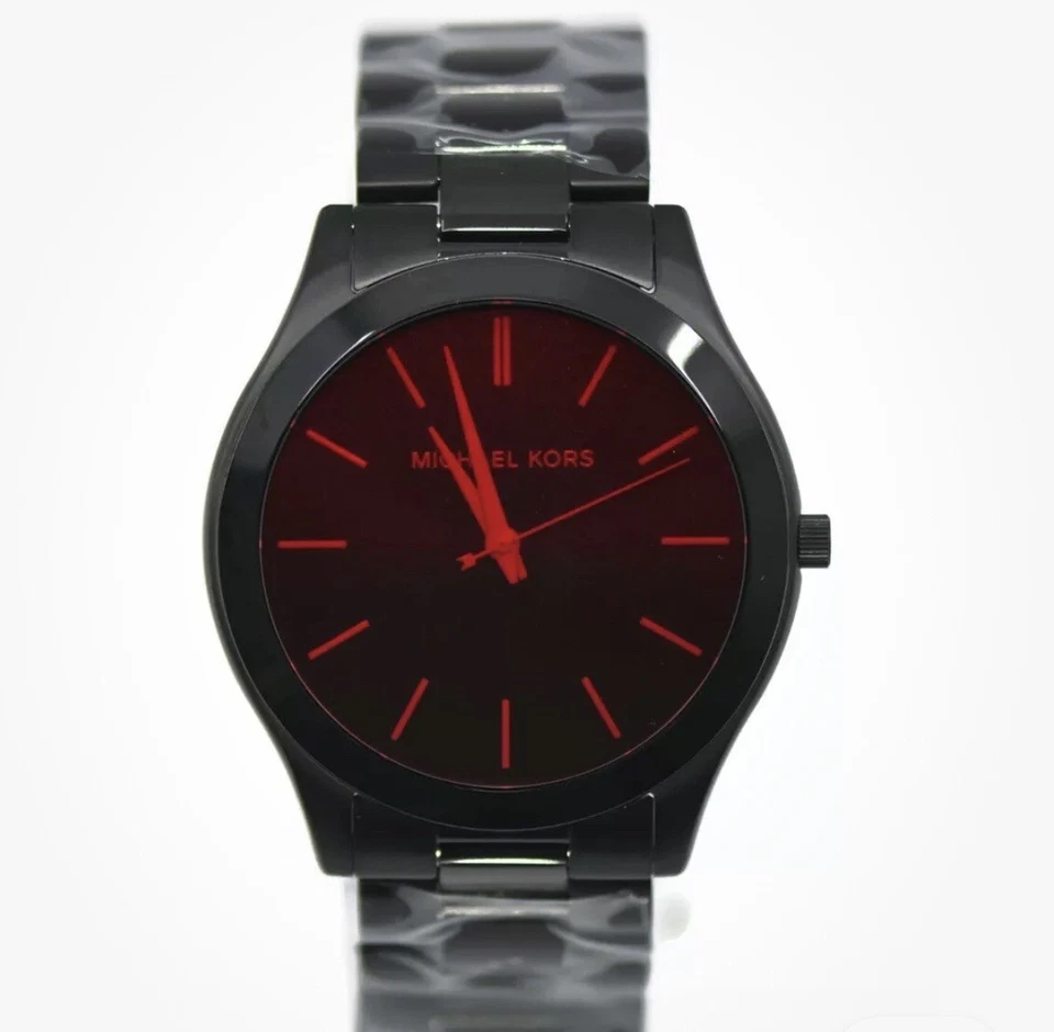 Michael Kors Mens Slim Runway 44mm 22 Stainless MK8734 Quartz Red Crystal Black