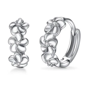 Pair 925 Sterling Silver Hoop Loop 3 Flower CZ Huggie Earrings Women Gift UK - Picture 1 of 4