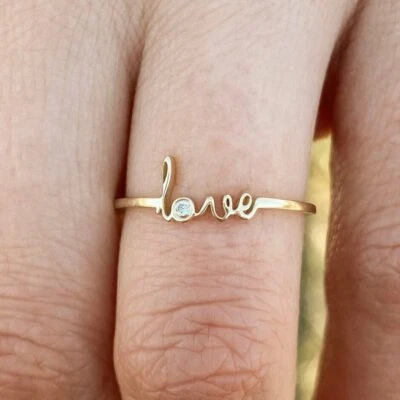 14k Solid Gold Scrip Love Initial Diamond Thin Ring Handmade Stacking Dainty NS7 - Image 1 of 4