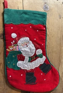 Vintage Christmas Stocking 15” Santa On Ice Skates Embroidery On Velveteen - Picture 1 of 9