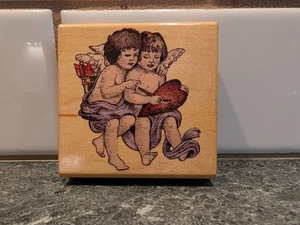 #1849 Angel Pair 1995 Vintage Comotion Wooden Rubber Stamp Cherub Heart - Picture 1 of 9