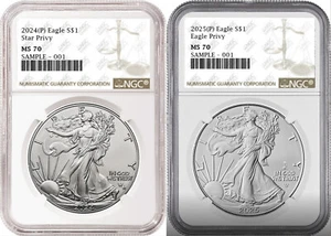 2 coin set 2024 and 2025 p silver eagle with privy ngc ms70 brown - Picture 1 of 4