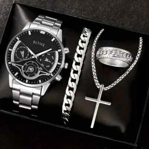 4 Pcs Set Silvery Fashion Quartz Watch Cross Necklace Bracelet Ring Men Luxury - Picture 1 of 7