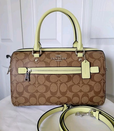 Borsa a tracolla Coach Rowan firmata tela cachi verde lime chiaro F83607