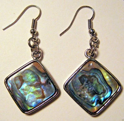 Paua Abalone Shell Dangle Earrings 2" Iridescent Blue Green Tan Light Refract - Image 1 of 4