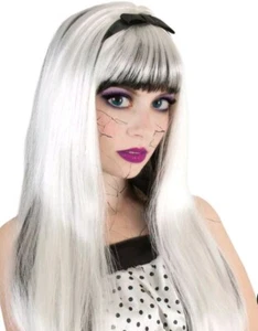 Perücke Scary Lucy 55cm Haarlänge Universalgröße Erwachsene weiß schwarz Helau! - Bild 1 von 3