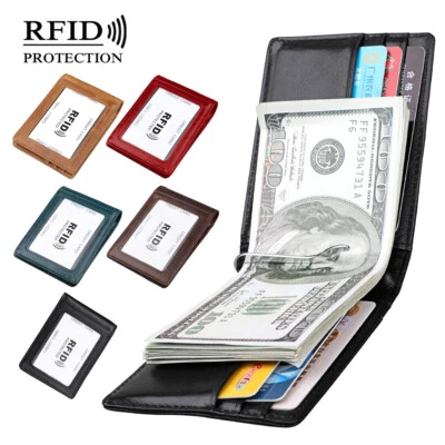 Cartera Delgada con Clip para Dinero Bloqueo RFID Billetera Doble Plegable Hombres Cuero Portatarjetas Foto 1 de 4